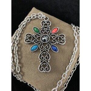 Vintage Avon 1970’sCross Necklace, Silver Tone Filigree Cabochon Beads 24" Chain